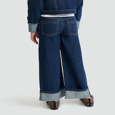 F&F Girls Pure Cotton Wide Leg Turn Up Jeans in Blue thumbnail 3