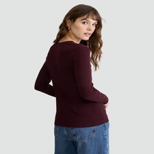 F&F Cotton Rich Crew Neck Long Sleeved Top in Burgundy thumbnail 3