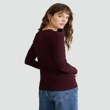 F&F Cotton Rich Crew Neck Long Sleeved Top in Burgundy thumbnail 3