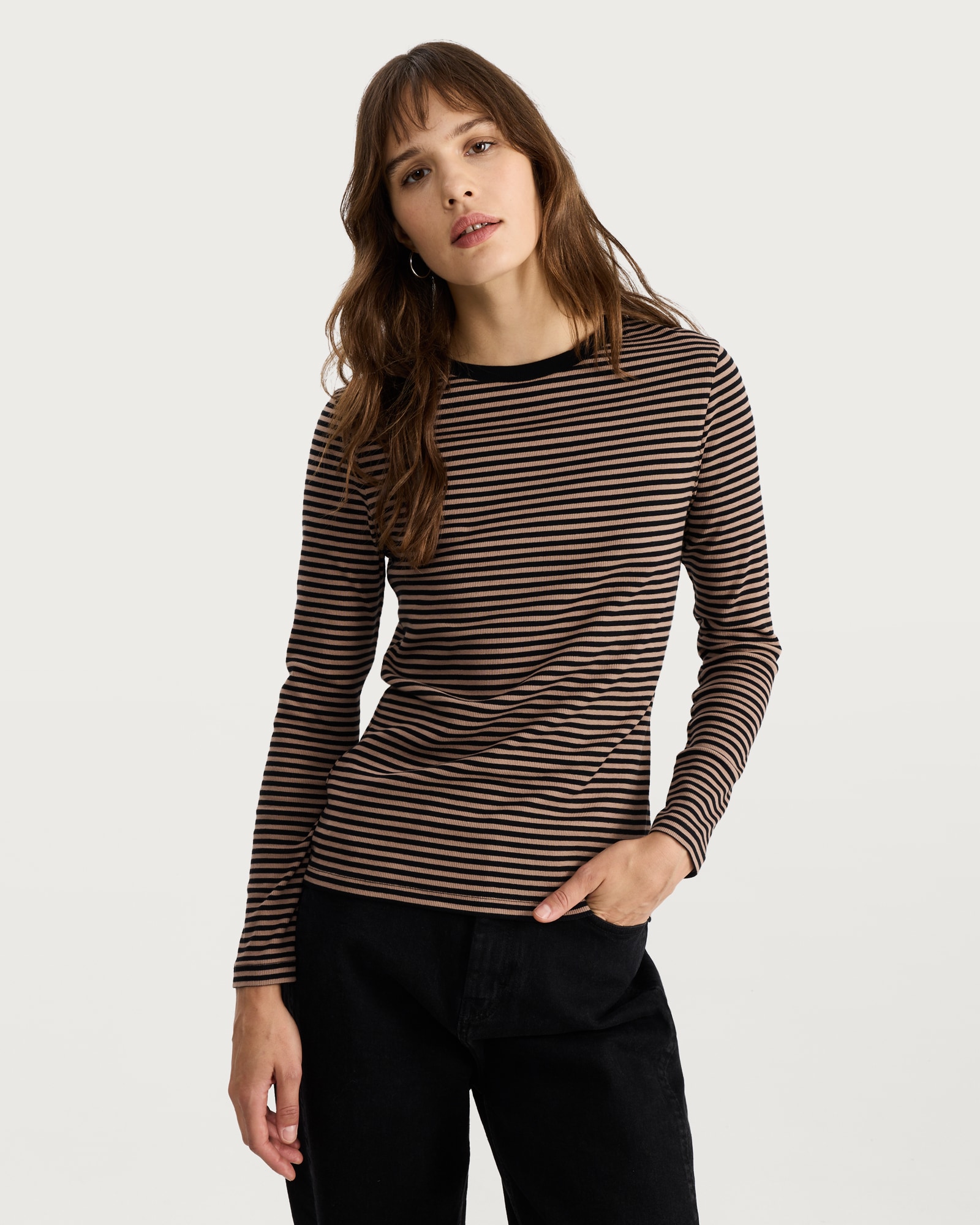 F&F Cotton Rich Striped Long Sleeved Top in Multi Black thumbnail 3