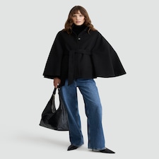 F&F Belted High Neck Cape Coat in Black thumbnail 2