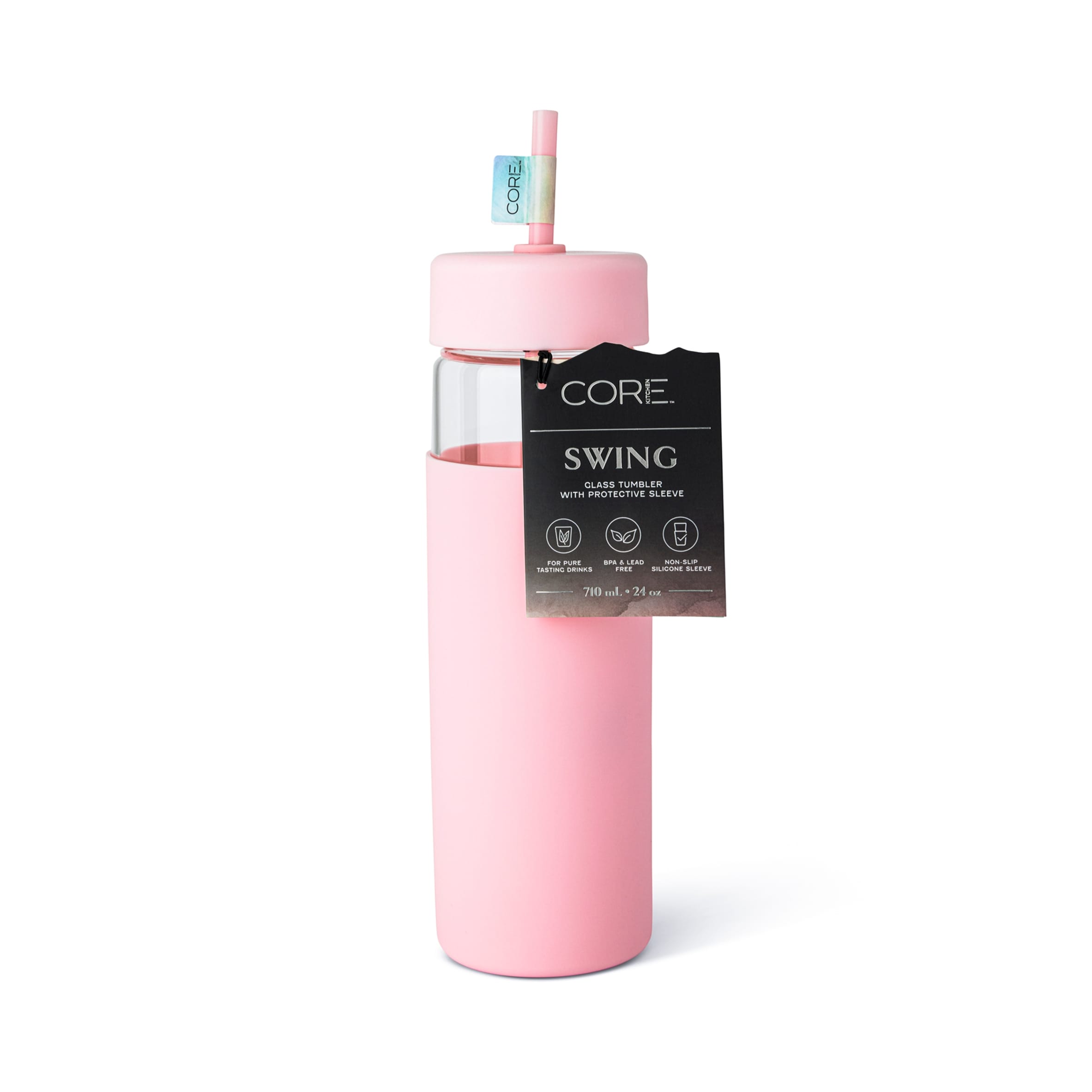 Core Kitchen Swing Glass Water Bottle Tumbler With Straw Pink 710ml