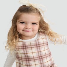 F&F Girls 3-Piece Check Print Pinafore, Top and Tights Set in Pink thumbnail 2