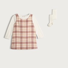 F&F Girls 3-Piece Check Print Pinafore, Top and Tights Set in Pink thumbnail 4
