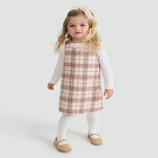F&F Girls 3-Piece Check Print Pinafore, Top and Tights Set in Pink