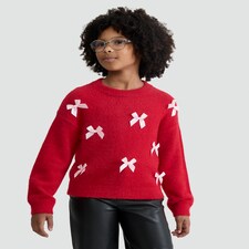 F&F Girls Textured Bow Accent Jumper in Red thumbnail 2