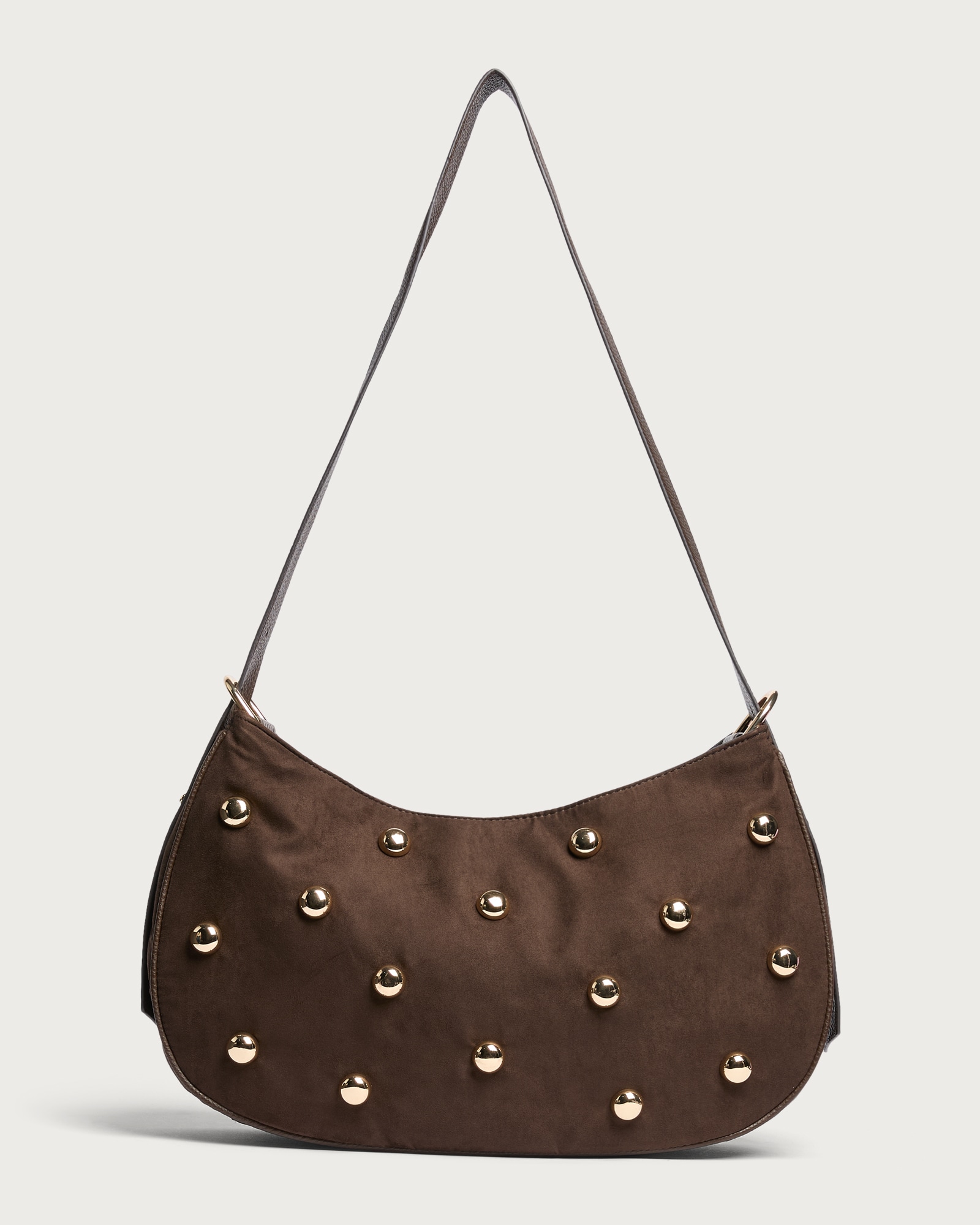 SACHA Faux Suede Studded Shoulder Bag in Brown