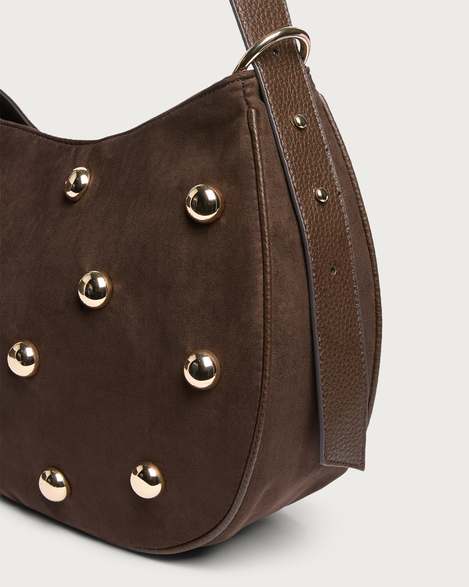 SACHA Faux Suede Studded Shoulder Bag in Brown thumbnail 2