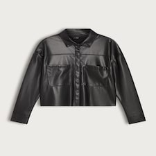 F&F Faux Leather Button Up Collared Shirt in Black thumbnail 4