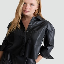 F&F Faux Leather Button Up Collared Shirt in Black