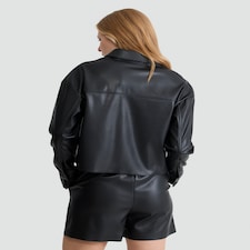 F&F Faux Leather Button Up Collared Shirt in Black thumbnail 3