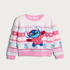 Disney Lilo & Stitch Print Christmas Jumper in Multi Pink thumbnail 4