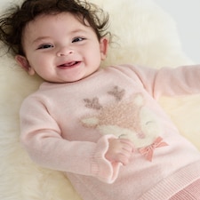 F&F Baby Fluffy Reindeer Jumper in Stone