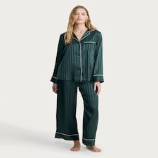 F&F Satin Stripe Print Pyjama Set in Green thumbnail 2