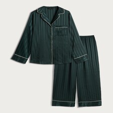 F&F Satin Stripe Print Pyjama Set in Green thumbnail 4