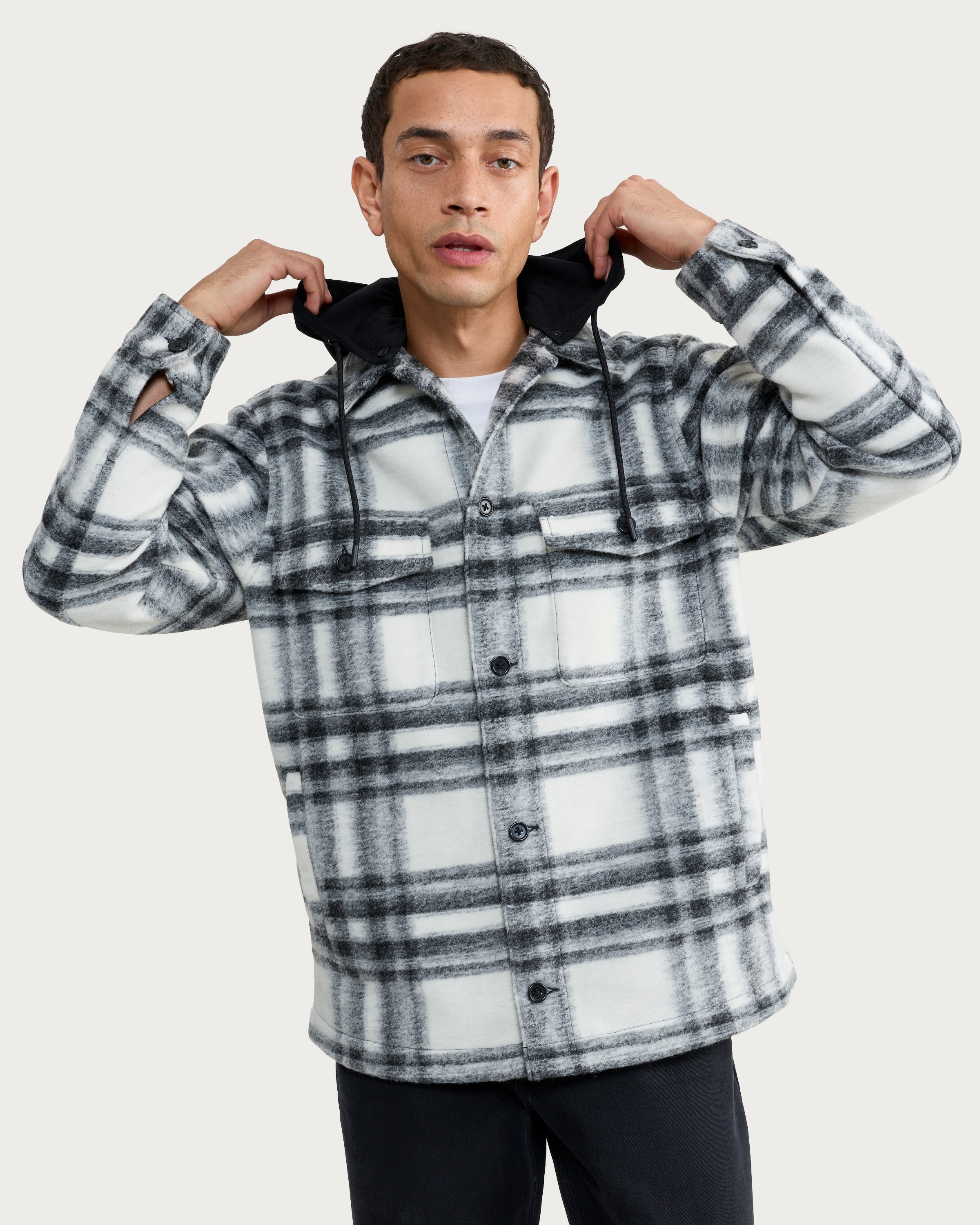 F&F Brushed Check Hooded Shacket in White