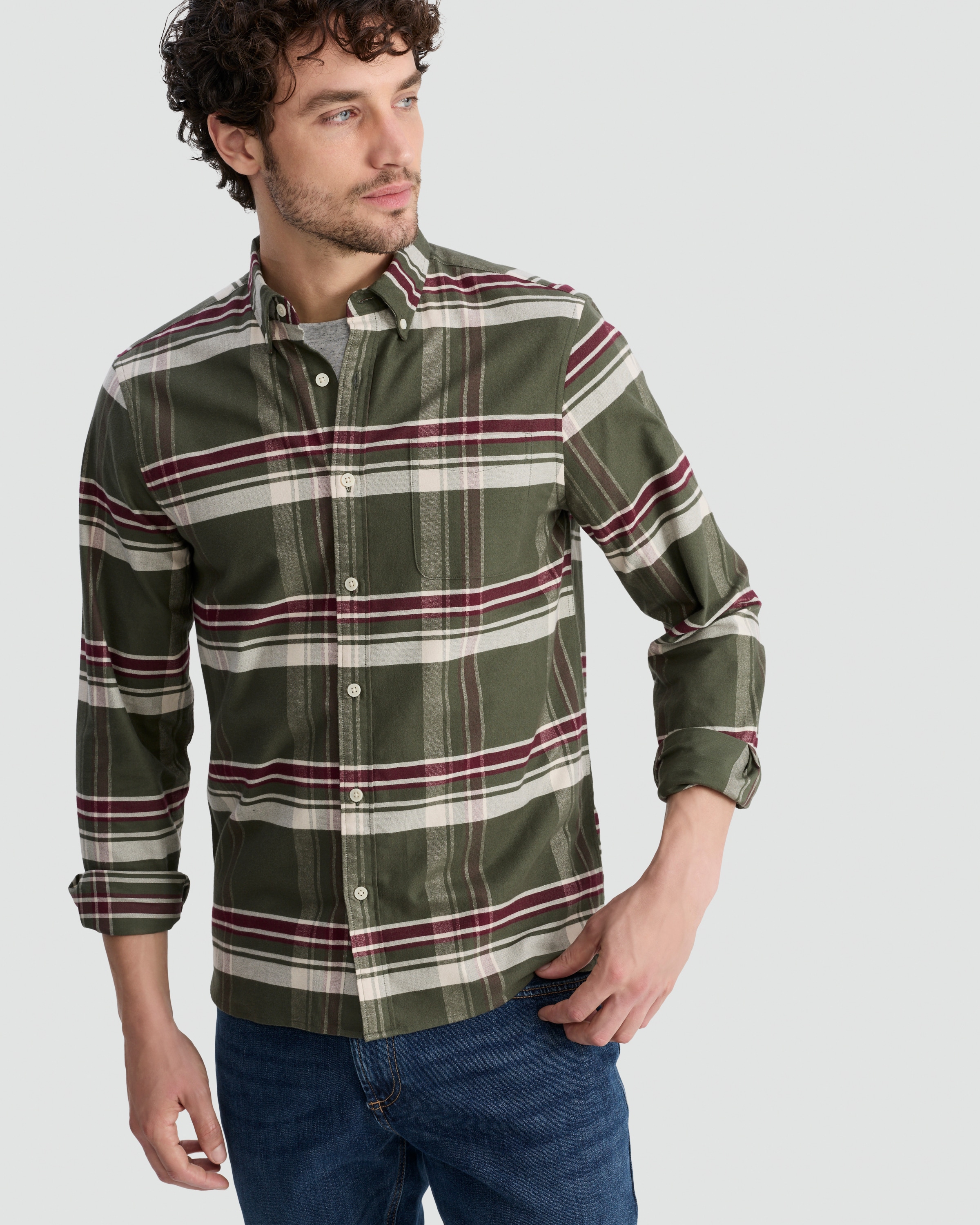 F&F Pure Cotton Check Print Button Up Shirt in Khaki