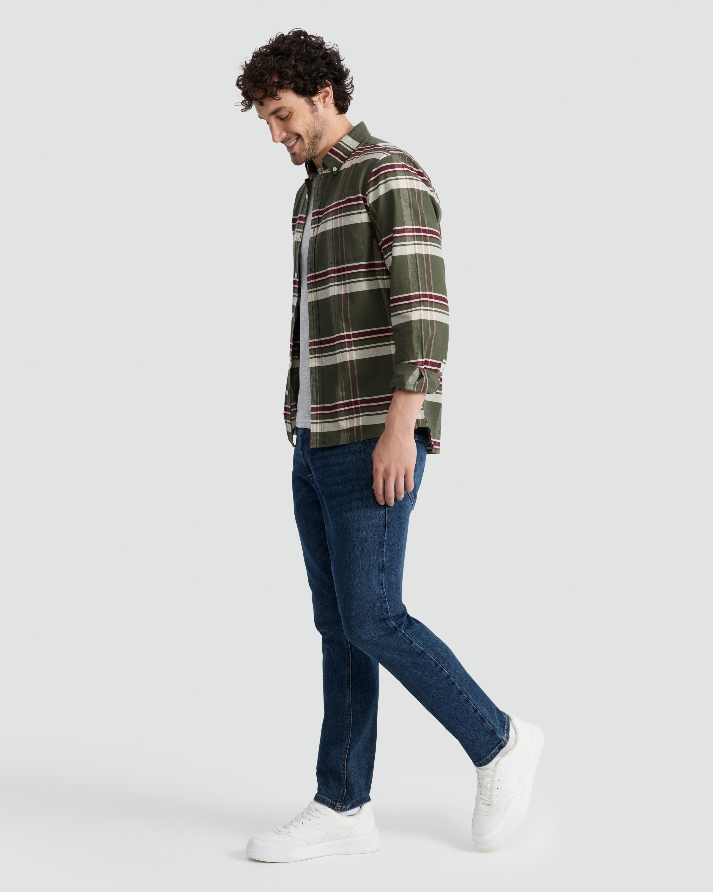 F&F Pure Cotton Check Print Button Up Shirt in Khaki thumbnail 2