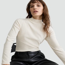 F&F Cotton Rich Ribbed High Neck Long Sleeved Top in Cream