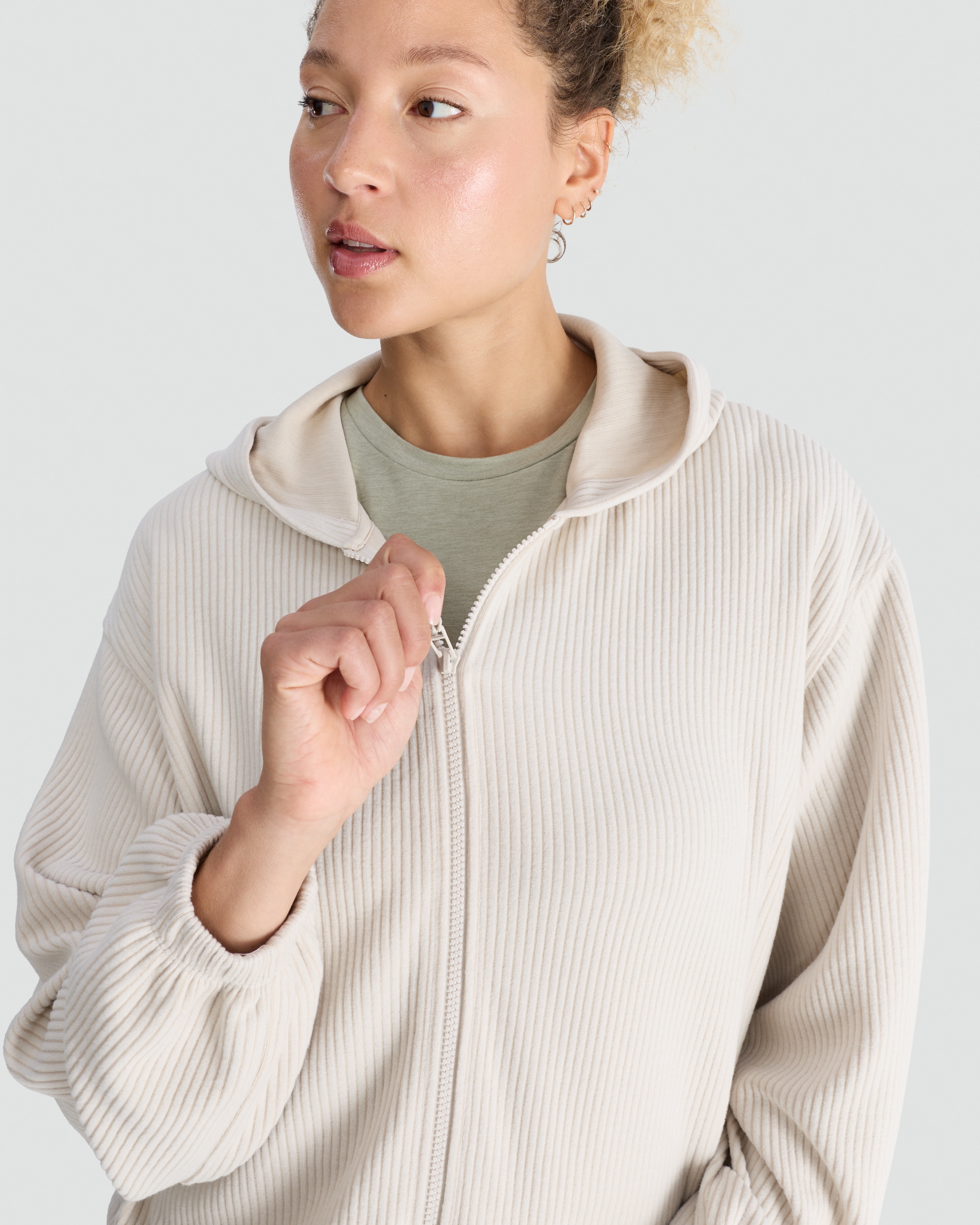 F&F Active Ribbed Zip Up Hoodie in Neutral thumbnail 2