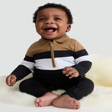 F&F Baby 2-Piece Cotton Rich Striped Polo Top and Joggers Set in Dark Nude thumbnail 2