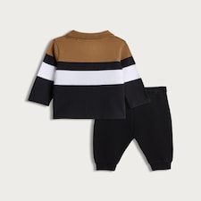 F&F Baby 2-Piece Cotton Rich Striped Polo Top and Joggers Set in Dark Nude thumbnail 3