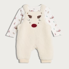 F&F Baby Fleece Reindeer Face Dungarees and Bodysuit in White