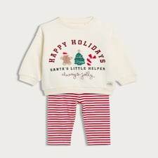 F&F Baby 2-Piece Cotton Rich Happy Holidays Sweatshirt and Leggings in Cream thumbnail 2