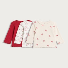 F&F Baby 3-Pack Cotton Rich Floral and Bow Long Sleeved Tops in Red