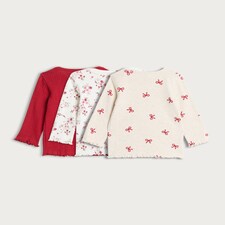 F&F Baby 3-Pack Cotton Rich Floral and Bow Long Sleeved Tops in Red thumbnail 2