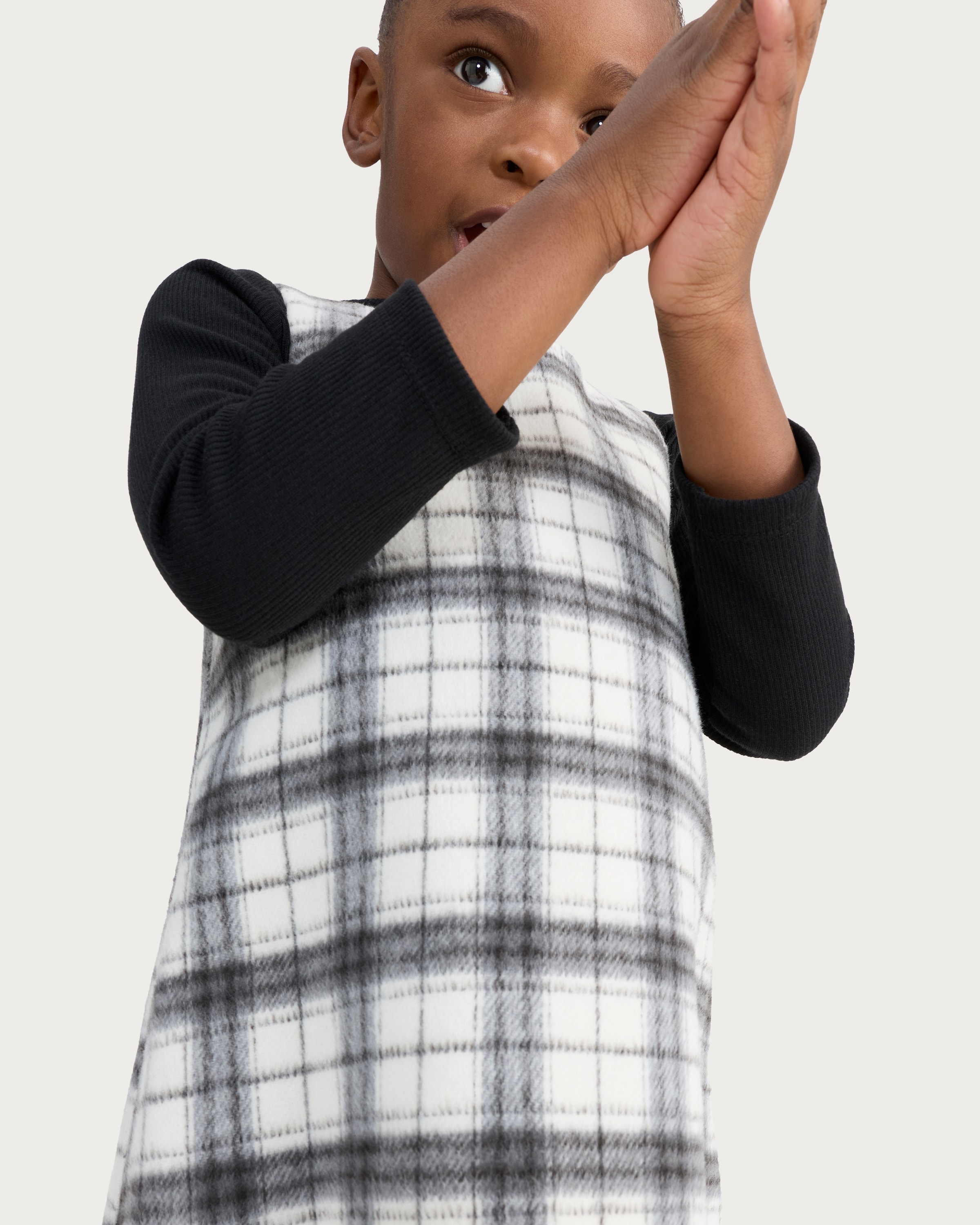 F&F Girls Cotton Rich Check Pinafore, Top and Tights in Multi Black White thumbnail 2
