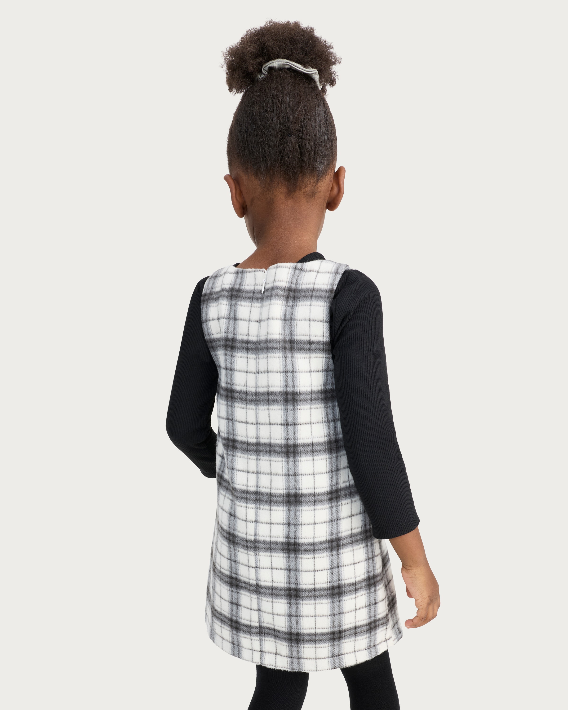 F&F Girls Cotton Rich Check Pinafore, Top and Tights in Multi Black White thumbnail 3