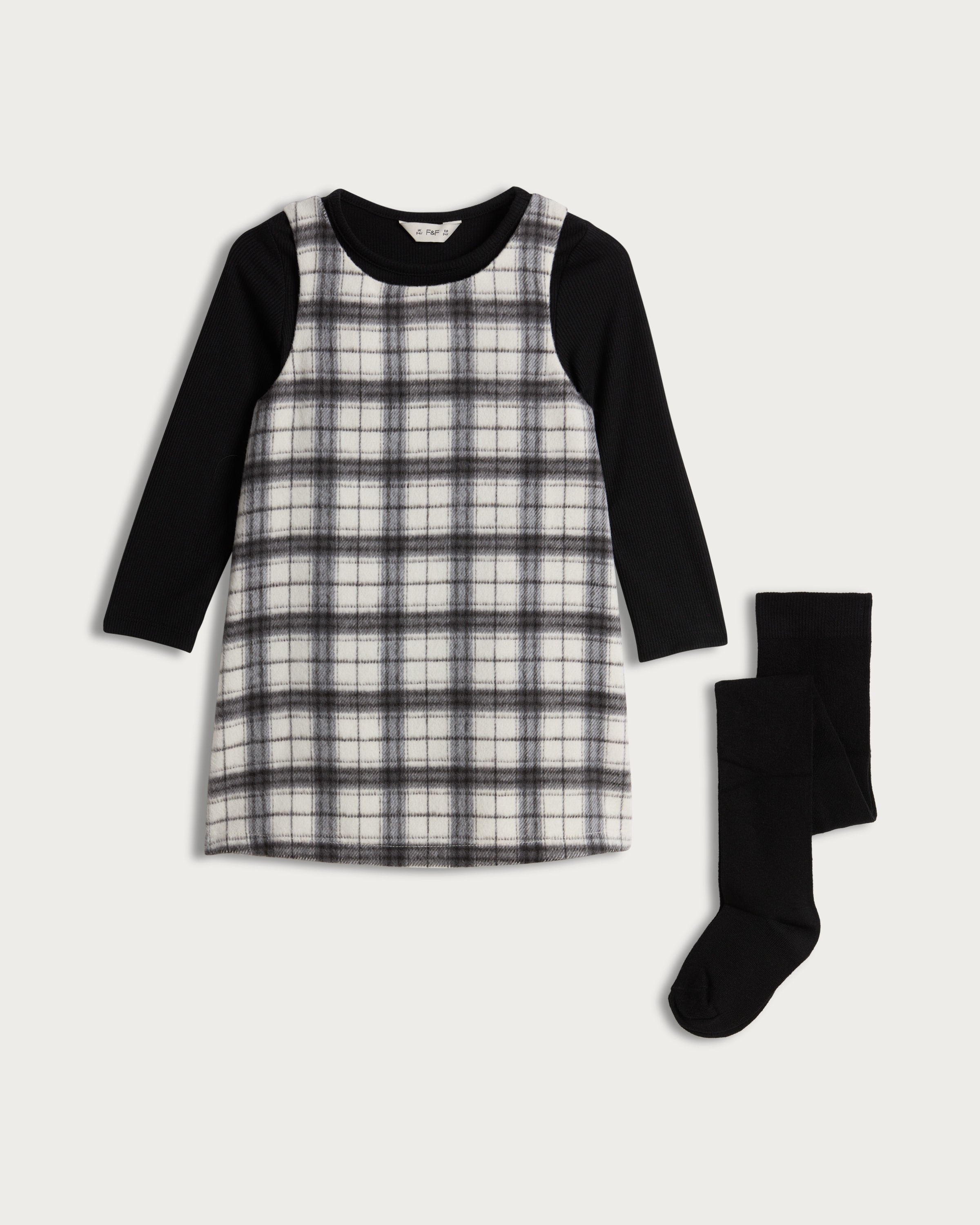F&F Girls Cotton Rich Check Pinafore, Top and Tights in Multi Black White thumbnail 4