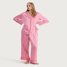 F&F Satin Stripe Print Shirt and Bottoms Pyjama Set in Multi Pink