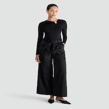F&F Satin Wide Leg Tie Waist Trousers in Black thumbnail 2