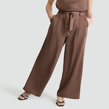 F&F Satin Wide Leg Tie Waist Trousers in Brown
