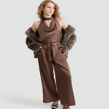F&F Satin Wide Leg Tie Waist Trousers in Brown thumbnail 2