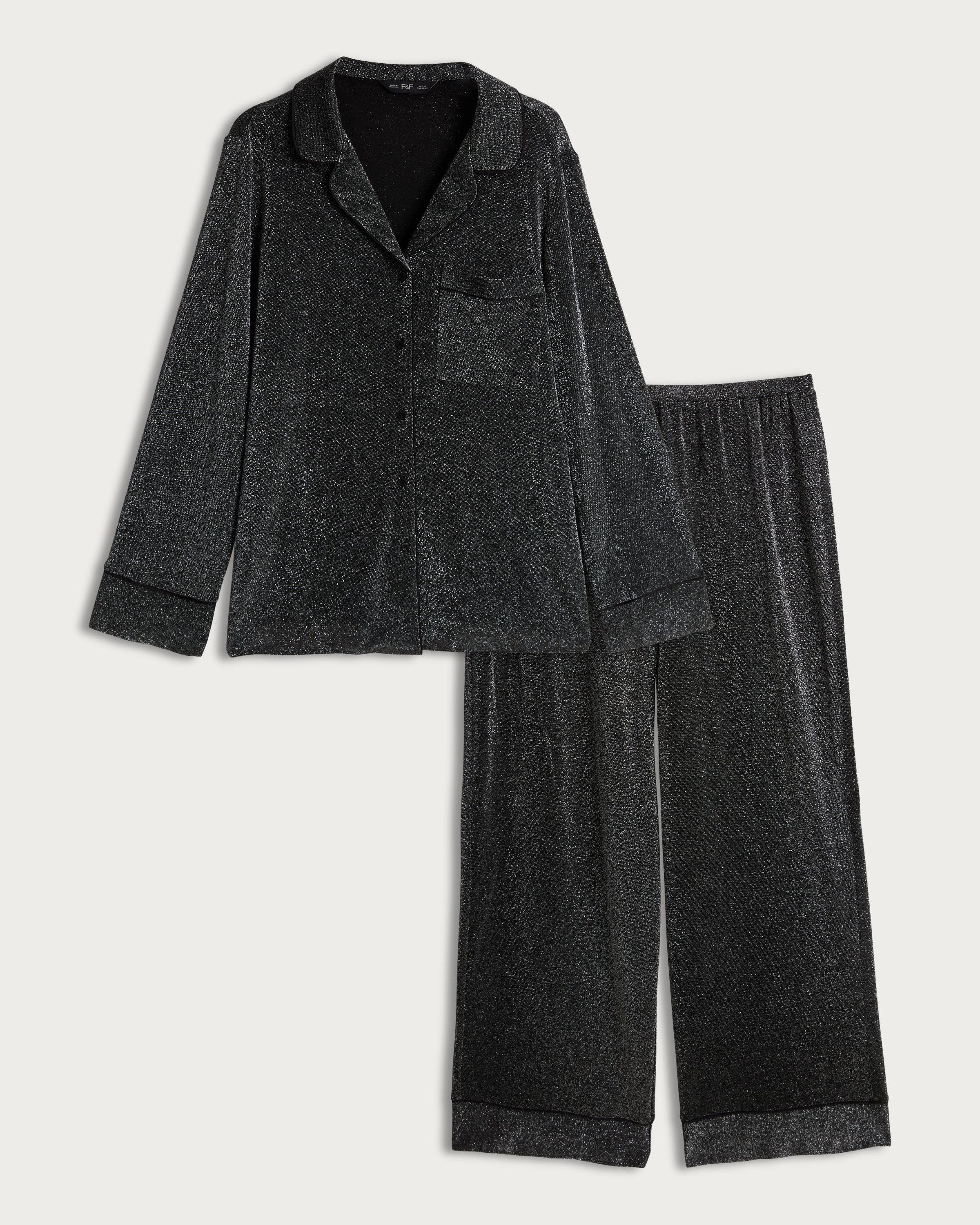F&F Textured Shimmer Shirt and Bottoms Pyjama Set in Grey thumbnail 4