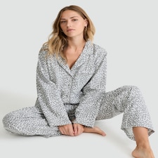 F&F Pure Cotton Leopard Print Shirt and Bottoms Pyjama Set in Grey