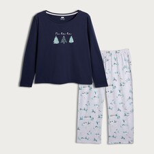 F&F Cotton Rich Fa La La Top and Bottoms Pyjamas in Navy thumbnail 4