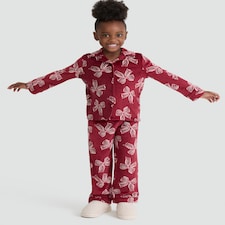 F&F Girls Fleece Bow Print Shirt and Bottoms Pyjama Set in Burgundy