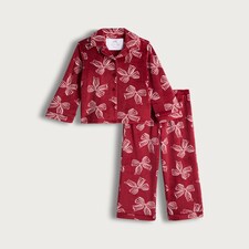 F&F Girls Fleece Bow Print Shirt and Bottoms Pyjama Set in Burgundy thumbnail 2