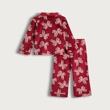 F&F Girls Fleece Bow Print Shirt and Bottoms Pyjama Set in Burgundy thumbnail 4