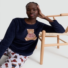 F&F Fleece Textured Teddy Bear Print Christmas Pyjamas in Navy