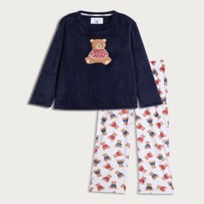 F&F Fleece Textured Teddy Bear Print Christmas Pyjamas in Navy thumbnail 4