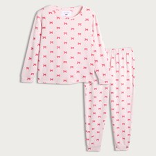 F&F Bow Print Top and Cuffed Joggers Pyjamas in Pink thumbnail 4