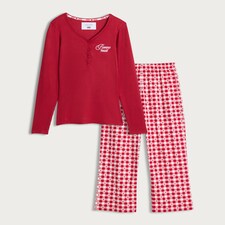 F&F Ribbed Top and Check Wide Leg Trousers Pyjamas in Red thumbnail 4