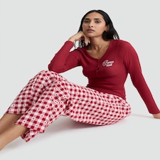 F&F Ribbed Top and Check Wide Leg Trousers Pyjamas in Red