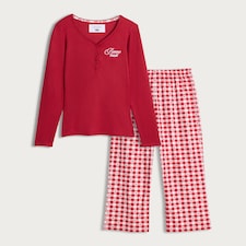 F&F Ribbed Top and Check Wide Leg Trousers Pyjamas in Red thumbnail 4