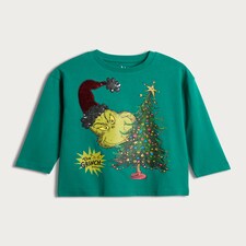 The Grinch Pure Cotton Christmas Tree Print Top in Green thumbnail 4
